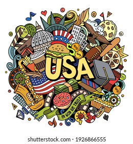 USA hand drawn cartoon doodle illustration. Funny American design. Creative art vector background. Handwritten text with elements and objects. Colorful composition