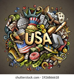 USA hand drawn cartoon doodle illustration. Funny American design. Creative art vector background. Handwritten text with elements and objects. Colorful composition