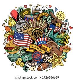 USA hand drawn cartoon doodle illustration. Funny design with American elements and objects. Creative art vector background. Colorful composition