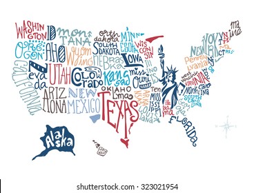  USA Hand Drawn Map Vector Illustration, Doodle Vector Illustration