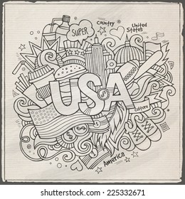 USA hand lettering and doodles elements background. Vector illustration