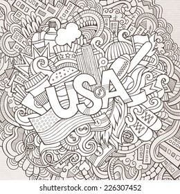 USA hand lettering and doodles elements background. Vector illustration