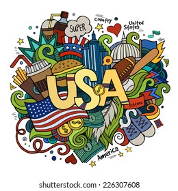 USA hand lettering and doodles elements background. Vector illustration