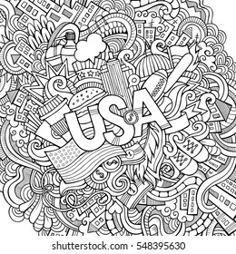 USA hand lettering and doodles elements background. Vector illustration
