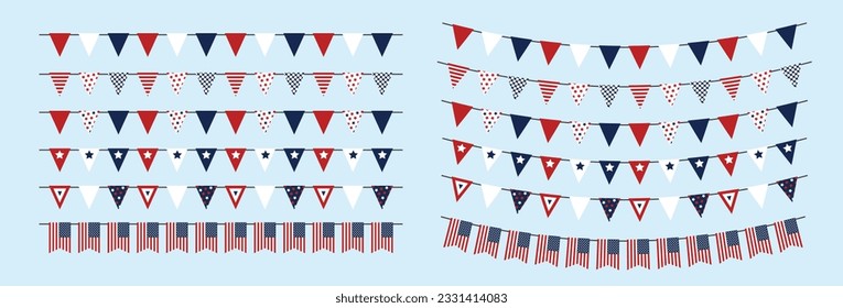 USA hanging bunting flags on blue background, Bundle