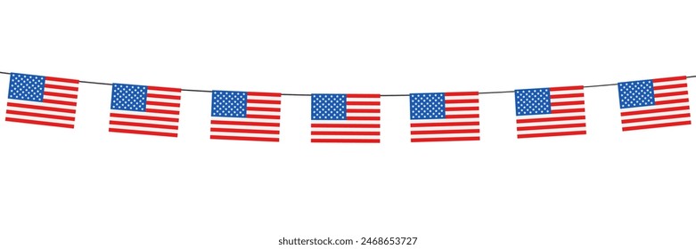 USA hanging usa flags of Independence Day on white background. 