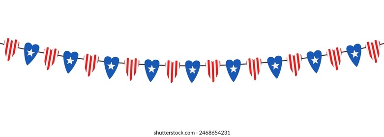 USA hanging flags in the shape of a heart Independence Day. Celebration party bunting flags.