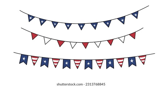 USA hanging flags vector set. Blue and red bunting, garland, streamer. Hand drawn doodle illustration. Decorative party banner with United States of America flag. Design elements for Independence Day