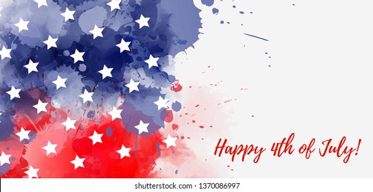 USA Happy 4th of July background. Abstract grunge watercolor paint splashes in flag colors with text. Template for holiday banner, invitation, flyer, etc.