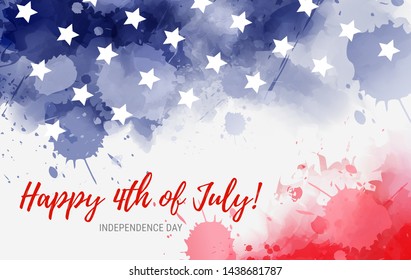 USA Happy 4th of July background - independence day holiday in United States of America. Abstract grunge watercolor paint splashes in flag colors with text. Template for holiday banner, invitation, fl