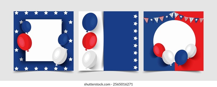 USA Happy birthday celebration background set or banner card design template with American baloon, USA birthday card or poster with copy space for text.