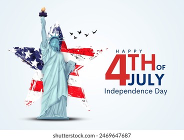 USA Happy Independence Day 4th of July. Flyer, banner, poster, greeting card. Template with flag and statue of liberty on blue background. Vector illustration design