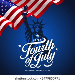 USA Happy Independence Day 4th of July. Flyer, banner, poster, greeting card. Template with flag and statue of liberty on blue background. Modern and Minimal vector illustration.