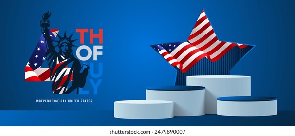 USA Happy Independence Day 4th of July. Flyer, banner, poster, greeting card for discount days. Realistic podium scene with American flag, star and statue of liberty. Vector illustration design.