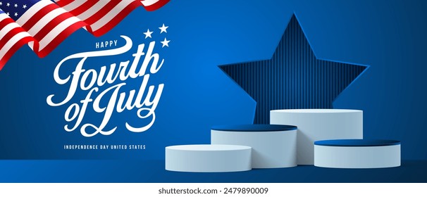 USA Happy Independence Day 4th of July. Flyer, banner, poster, greeting card for discount days. Realistic podium scene with American flag, star and statue of liberty. Vector illustration design.