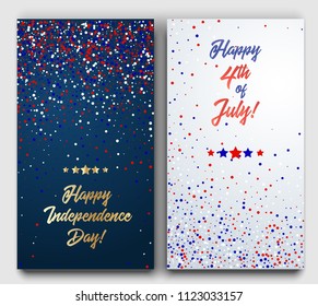 USA Happy Independence Day banners set. 4th July festive greeting cards with scattered confetti in traditional American colors - red, white, blue. 