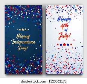 USA Happy Independence Day banners set. 4th July festive greeting cards with scattered confetti in traditional American colors - red, white, blue.