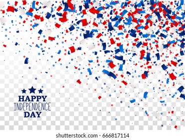 USA Happy Independence Day design concept with scatter papers, stars in traditional American colors - red, white, blue. Isolated.