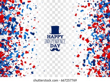 USA Happy Independence Day festive seamless design background with scatter papers, stars in traditional American colors - red, white, blue. Isolated.