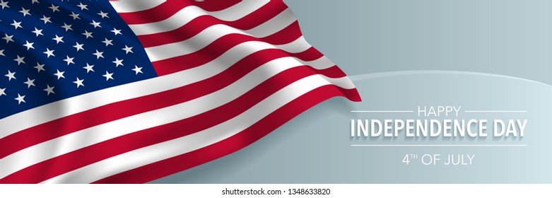 USA happy independence day greeting card, banner, horizontal vector illustration. American national holiday 4th of July template background with wavy flag 