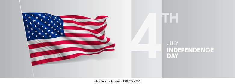 USA happy independence day greeting card, banner vector illustration. United States of America national holiday 4th of July design element with 3D waving flag on flagpole