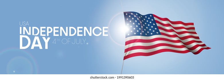 USA happy independence day greeting card, banner with template text vector illustration. United States of America memorial holiday 4th of July design element with 3D flag with stripes