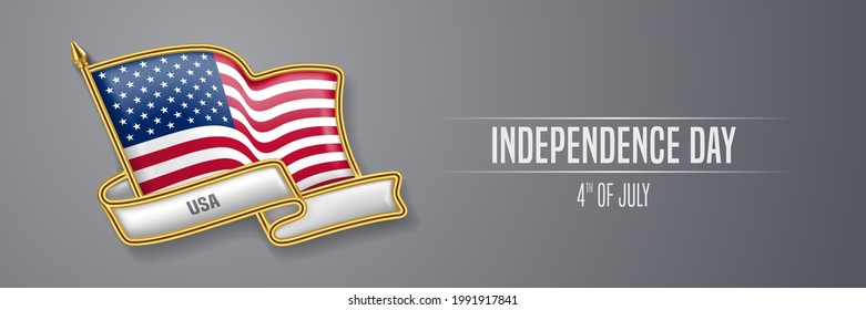 Tarjeta de saludo del Día de la Independencia de Estados Unidos, ilustración vectorial de banner. Festividad nacional de Estados Unidos 4 de julio elemento de diseño con pin 3D con bandera