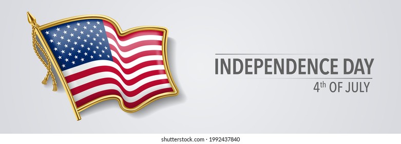 USA happy independence day greeting card, banner with template text vector illustration. United States of America memorial holiday 4th of July design element with 3D flag with stripes