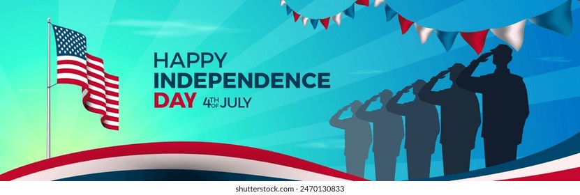 USA Happy Independence Day on the 4th of July poster, banner, flyer, background, template, greeting, USA flag, ribbon, and a silhouette of soldiers saluting the flag background. Vector Illustration.