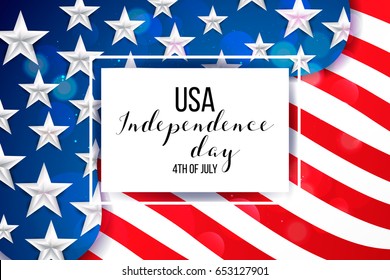USA. Happy independence day of USA (United States of America) 4 Fourth of July celebration banner, border design with balloons,stars, fireworks,confetti, ribbon. USA freedom background. USA liberty.