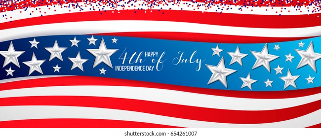 USA. Happy independence day of USA (United States of America) 4 Fourth of July celebration banner, greeting card design with balloons, fireworks, star, ribbon. USA freedom background. USA. Liberty.