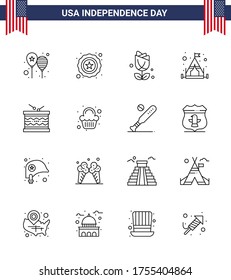 USA Happy Independence DayPictogram Set of 16 Simple Lines of irish; drum; flower; tent; camp Editable USA Day Vector Design Elements
