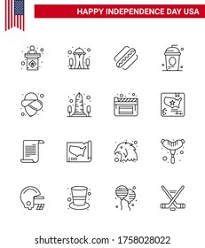 USA Happy Independence DayPictogram Set of 16 Simple Lines of usa; holiday; america; drink; cake Editable USA Day Vector Design Elements
