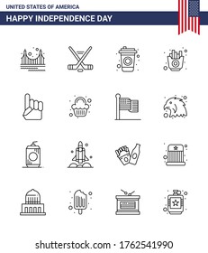 USA Happy Independence DayPictogram Set of 16 Simple Lines of hand; chips; american; fries; fast Editable USA Day Vector Design Elements