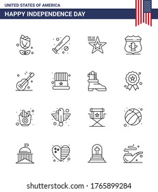 USA Happy Independence DayPictogram Set of 16 Simple Lines of guiter; american; usa; Day Vector Design Elements
