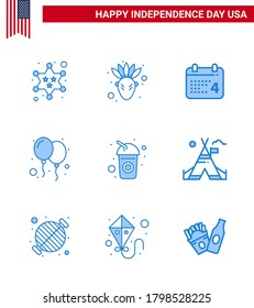 USA Happy Independence DayPictogram Set of 9 Simple Blues of drink; bottle; day; party; celebrate Editable USA Day Vector Design Elements