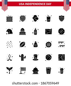 USA Happy Independence DayPictogram Set of 25 Simple Solid Glyph of usa; shield; cowboy; american; summer Editable USA Day Vector Design Elements
