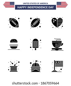 USA Happy Independence DayPictogram Set of 9 Simple Solid Glyphs of coffee; tea; burger; ice cream; cream Editable USA Day Vector Design Elements