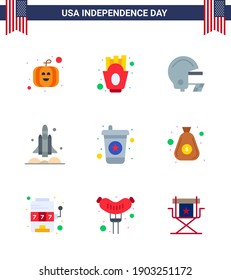USA Happy Independence DayPictogram Set of 9 Simple Flats of soda; beverage; football; usa; spaceship Editable USA Day Vector Design Elements