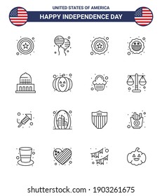 USA Happy Independence DayPictogram Set of 16 Simple Lines of usa; city; star; building; badge Editable USA Day Vector Design Elements