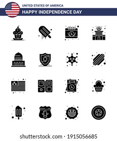 USA Happy Independence DayPictogram Set of 16 Simple Solid Glyphs of building; station; usa; police; day Editable USA Day Vector Design Elements