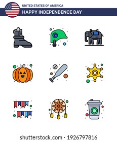 USA Happy Independence DayPictogram Set of 9 Simple Flat Filled Lines of police; hardball; american; bat; festival Editable USA Day Vector Design Elements