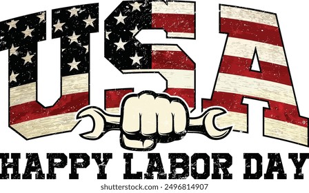 USA Happy Labor Day, American Vintage Flag, Tools, Graphic, for Tshirt, Banner, Poster, Background