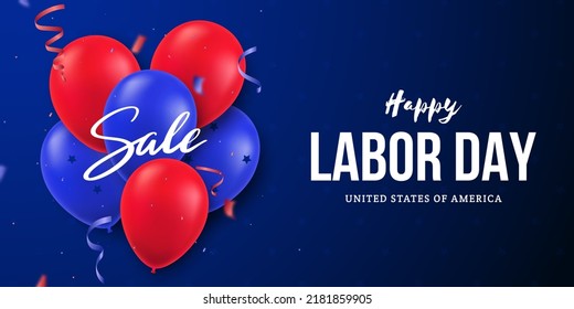 USA Happy Labor Day. Celebration banner with red and blue realistic balloons on blue background. Design template for poster, header web, flyer etc. 