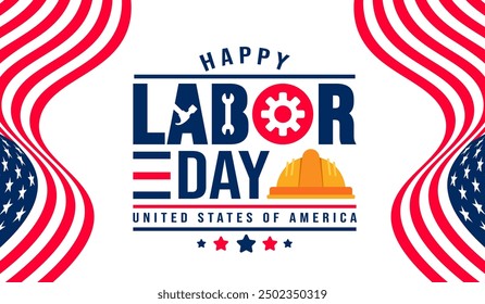 USA Happy Labor Day celebration background or banner design template with American flag. Labour day Safety hard hat and Construction tools background. use to card, poster, placard, card template.