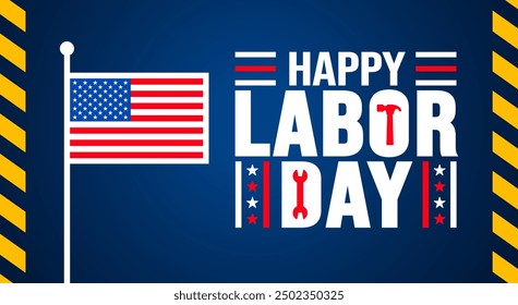 USA Happy Labor Day celebration background or banner design template with American flag. Labour day Safety hard hat and Construction tools background. use to card, poster, placard, card template.