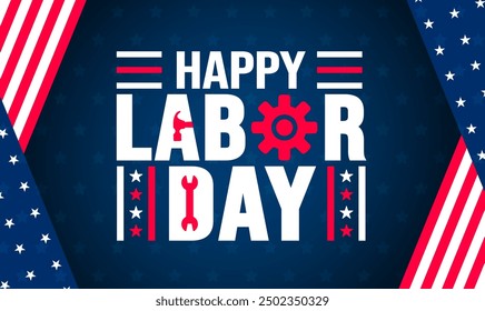 USA Happy Labor Day celebration background or banner design template with American flag. Labour day Safety hard hat and Construction tools background. use to card, poster, placard, card template.