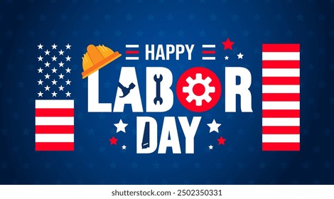 USA Happy Labor Day celebration background or banner design template with American flag. Labour day Safety hard hat and Construction tools background. use to card, poster, placard, card template.