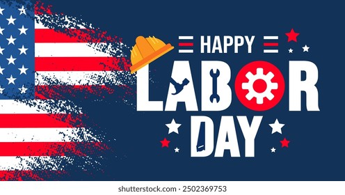 USA Happy Labor Day celebration background or banner design template with brush stroke
American flag. Labour day Safety hard hat and Construction tools background.