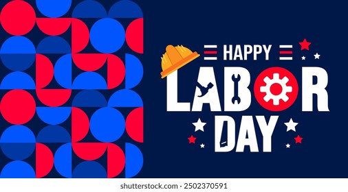 USA Happy Labor Day celebration geometric shape pattern background or banner design template. Labour day Safety hard hat and Construction tools background. use to card, poster, placard, card template.